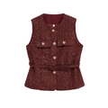 Burgunderfarbene Damen Tweed Weste mit goldenen Knöpfen und Pailletten, Vorderansicht - Rot
