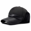 Winter black baseball cap with plush ear flaps and leather trim for warm protection - Adjustable / Black
