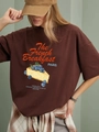 Brown oversized cotton T-shirt with French Breakfast graphic and vintage Paris print - S / Dark Coffee