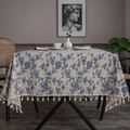 Detail of blue floral patterns on beige linen tablecloth with elegant fringe tassels - Diameter 150cm (Round) / Retro Orchid with Beige Tassels