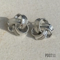 Detailed close-up of triple-loop interlaced knot earrings in polished silver stainless steel - Triple Ring Intertwined Knot / Silver (PD3711)