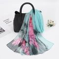 Teal lotus print summer chiffon scarf with pink floral design for beach sun protection - 160*50CM / YSY071-2# Lake Blue