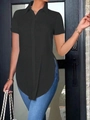 Detail of women's short sleeve black polo shirt with unique irregular curved high-low hem - S / Black