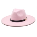 Detail of light pink wool fedora hat featuring a black leather band and gold buckle - Adult 56-59cm / Pink