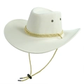Dettaglio cappello cowboy beige con fascia intrecciata dorata e laccio sottogola - Finto Feltro Crema-Corda Crema