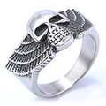 Detailed side view of vintage punk skull ring with wings in antique silver steel finish - US Size 8 / Punk Retro Style (06406)