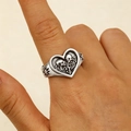 Gothische vintage zilveren ring met schedel en hart, verstelbare band met sterren - Hart met Dubbel Skelet Stijl (12349)