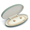 Oval sage green premium leather jewelry box featuring pearl necklace and stud earring set - Light Green