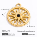 Golden stainless steel sun pendant with black stone showing measurements and weight - Black Gemstone Sun Design Style (PJ91420)