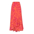 Detailed view of high-waist orange tropical print skirt with ruffle layered hemline - One Size / Single Sarong Skirt