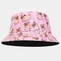 Detailed close-up of pink bucket hat with pug patterns and I love PUGS text - M (56-58cm) / Pink I Love PUGS