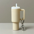Beige tumbler keychain charm with white straw and metal carabiner for backpacks - Light Coffee