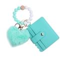 Mint green beaded silicone bracelet with heart plush keychain and leather card holder - Green