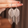 Close-up of sparkling silver tassel earrings with crystal rhinestones and metal chains - Ear Hook Style / Silver