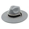 Detail of grey wool felt fedora hat featuring black ribbon with small white bead accents - M (56-58cm) / Light Gray