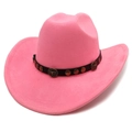 Detail of pink suede cowboy hat with brown leather band and bull head metal studs - M (56-58cm) / Fluorescent Pink
