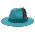 Eleganter türkiser Filzhut mit breiter Krempe, Schleife und Feder-Applikation - M (56-58cm) / See Blau