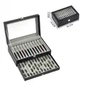 Two-tier black leather pen display box with clear glass lid and drawer storage - 24-Slot Pen Box (Black/Grey)