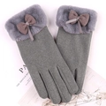 Grey wool blend winter gloves with plush cuffs and brown bow detail for women - Half Round Fur Bow / Gray