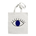 Off-white canvas tote bag featuring a large blue evil eye print with black eyelashes - Blue Pupil Eye X