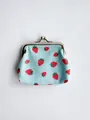 Retro light blue glitter coin purse with strawberry print and metal clasp closure - Strawberry - Blue / 9x8x2cm