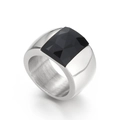 Silver wide titanium steel ring with rectangular multifaceted black gemstone inlay - US 6 / Steel Black