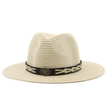 Beige Panama straw hat with black leather band and vintage metal bull head badge - M (56-58cm) / Beige