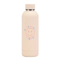 Cream stainless steel insulated bottle featuring a pink smiley face and happy slogan - Cream Don't Worry Smiley
