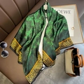 Elegant emerald silk scarf with floral patterns, leopard print edges, and luxury styling - 24113-green / 110*110CM