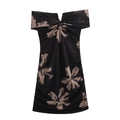 Elegantes schulterfreies figurbetontes Netz-Minikleid mit großen beigen Blumenmustern - XS / Schwarz