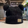 Cute black teddy bear ears plush hat made of thick sherpa fleece for cold winter weather - Gold Bear Black