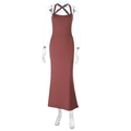 Sleeveless backless bodycon maxi dress with criss-cross halter neck in brick red knit - S / Brick Red