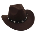 Detail of dark brown felt cowboy hat with pearl studs and black leather band - Coffee