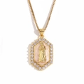 Collier plaqué or 18 carats avec pendentif Marie hexagonal, émail rose et pierres zircon - Or-Rose Clair