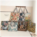 Artistic canvas tote bag with maple leaf print and striped handles for shopping - Other Styles