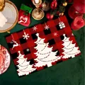 Detailed view of red and black buffalo plaid Christmas placemat with reindeer and tree patterns - CD30-9