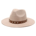 Close-up of beige straw cowboy hat featuring a brown leather band with silver metal studs - M (56-58cm) / Light Pink