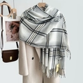Thick black and white houndstooth cashmere-feel scarf with fringe on a beige coat - Black Style (Style 4)