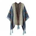 Ethnic knit poncho featuring colorful zigzag patterns and light blue tassels - Cardigans / Teal