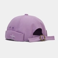 Detail view of purple canvas dockers cap featuring white embroidery and adjustable metal buckle - Adjustable / Light Purple
