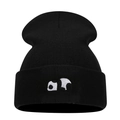 Detailed view of the cute panda embroidery on the black ribbed knit beanie cuff - Black