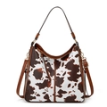 Detail of vintage brown cow print PU leather tote bag with dual straps and zipper closure - Single Piece / Cow Print Brown