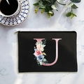 Minimalist black canvas cosmetic bag with floral pink letter U and metal zipper - Letter U