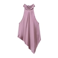 Fashionable purple satin halter neck top with sleeveless backless design and asymmetrical hem - XS / Purple