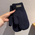 Close-up of classic navy blue knitted mittens with soft fleece lining and a brown label - One Size / Navy Blue