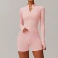 Pink yoga set featuring a long-sleeve zip-up top with thumbholes and high-waist shorts - Peach Pink (Zip Jacket + Tight Shorts)