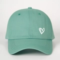 Close-up of mint green cotton baseball cap with white embroidered heart on the front - One Size / Deep Water Green