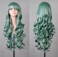 Front and back view of long curly green cosplay wig on head model with grey background - Green
