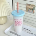 Close-up of pink straw and blue lid on frosted plastic cup with cartoon pattern - 700ml / Large Skipping Rabbit