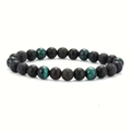 Detailansicht Perlenarmband mit matten schwarzen Perlen, Lavastein und grünem Tigerauge Stein - Lavastein + Mattschwarz + Grünes Tigerauge
